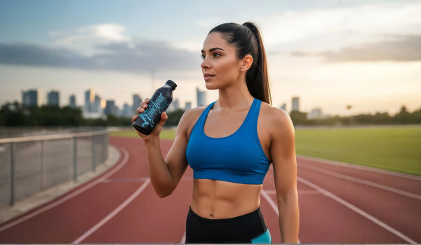 Woman in athletic wear holding a water bottle on a running track with city skyline in the background
